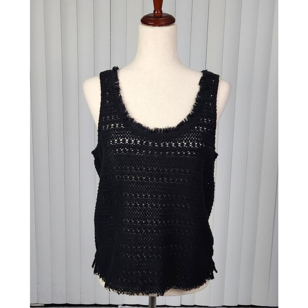 Paige Knitted Tank Top Scoop Neck Fringe Side Slits Black Women's Size Small